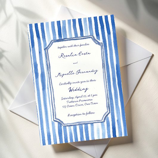 Blue hand drawn vintage stripes wedding 招待状