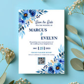 Blue Hand drawn Watercolor Wedding Invitation 招待状