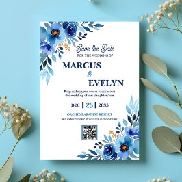 Blue Hand drawn Watercolor Wedding Invitation 招待状