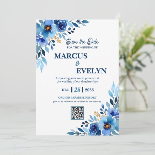 Blue Hand drawn Watercolor Wedding Invitation 招待状 (スタンド正面)