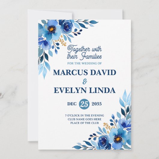 Blue Hand drawn Watercolor Wedding Invitation 招待状 (裏面)