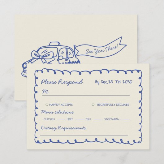 Blue hand drawn Whimsical Wedding  出欠カード (正面/裏面)