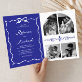 Blue Hand Drawn White Bow QR Code Photo Wedding 招待状