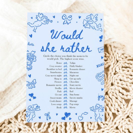 Blue Hand Drawn Would She Rather Baby Shower Game 招待状