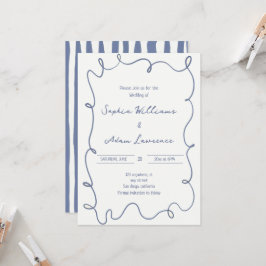 Blue  Hand Written Pinstripes Whimsical Wedding 招待状