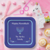 Blue HANUKKAH Menorah Customize NAME ペーパープレート (パーティー)