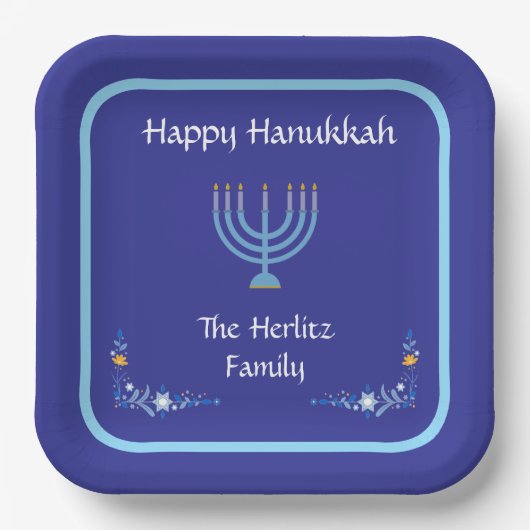 Blue HANUKKAH Menorah Customize NAME ペーパープレート (正面)