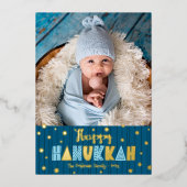 Blue Happy Hanukkah写真かわいいモダン実在金ゴールド 箔シーズンカード (正面)