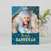 Blue Happy Hanukkah写真かわいいモダン実在金ゴールド 箔シーズンカード (立ち正面)