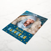 Blue Happy Hanukkah写真かわいいモダン実在金ゴールド 箔シーズンカード (回転した状態)