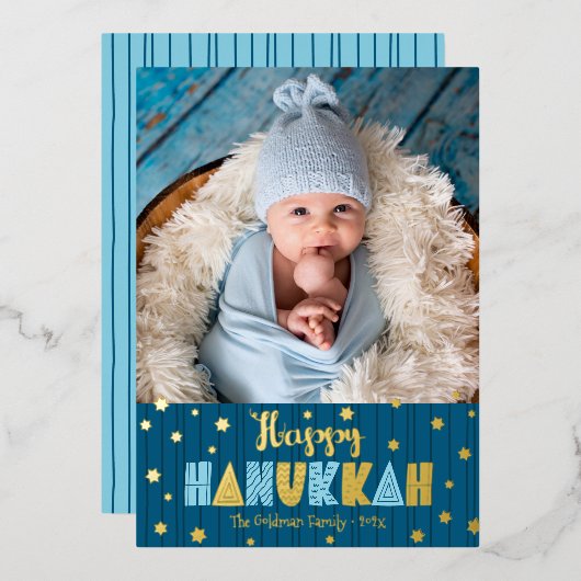 Blue Happy Hanukkah写真かわいいモダン実在金ゴールド 箔シーズンカード (正面/裏面)