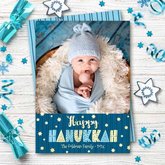 Blue Happy Hanukkah写真かわいいモダン実在金ゴールド 箔シーズンカード