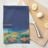 Blue Happy Hanukkah Menorah Food Latkes & Donuts キッチンタオル (四つ折り)