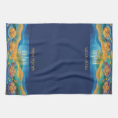 Blue Happy Hanukkah Menorah Food Latkes & Donuts キッチンタオル (横)