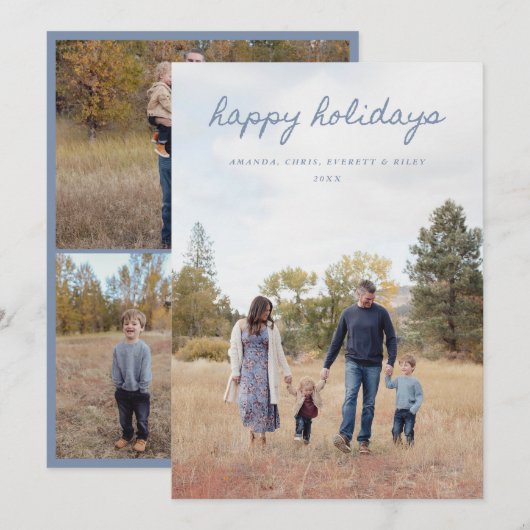 Blue Happy Holidays Card 4 Family Photos シーズンカード (正面/裏面)