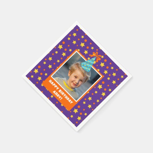 Blue Hatパーソナライズされた搭載のキッドフォトハッピーバースデー スタンダードカクテルナプキン (角)
