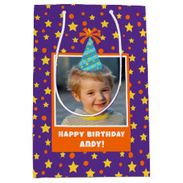 Blue Hatパーソナライズされた搭載のキッドフォトハッピーバースデー ミディアムペーパーバッグ