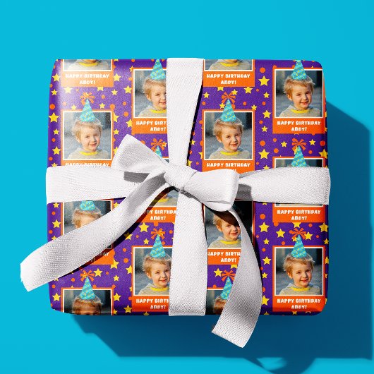 Blue Hatパーソナライズされた搭載のキッドフォトハッピーバースデー ラッピングペーパー