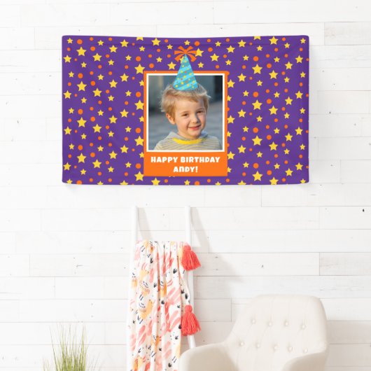 Blue Hatパーソナライズされた搭載のキッドフォトハッピーバースデー 横断幕 (インサイチュ)