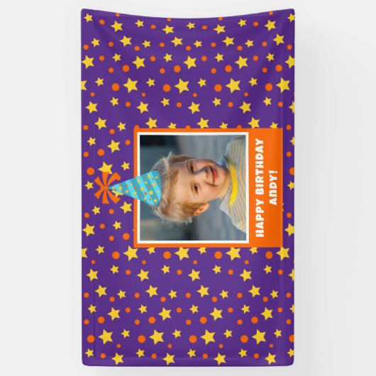 Blue Hatパーソナライズされた搭載のキッドフォトハッピーバースデー 横断幕 (縦)