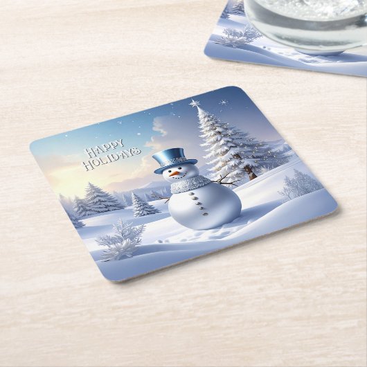 Blue Hat Snowman Christmas Tree Holiday スクエアペーパーコースター (アングル)