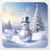 Blue Hat Snowman Christmas Tree Holiday スクエアペーパーコースター (正面)