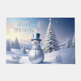 Blue Hat Snowman Christmas Tree Holiday Doormat ドアマット