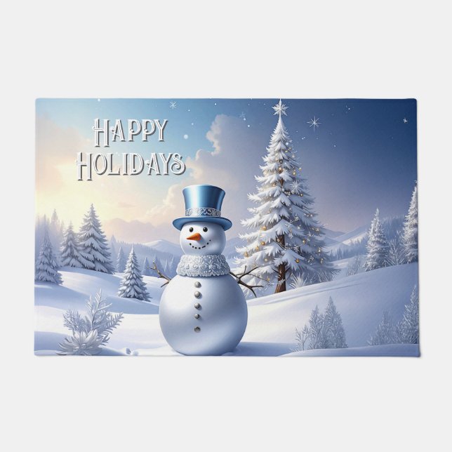Blue Hat Snowman Christmas Tree Holiday Doormat ドアマット (正面)
