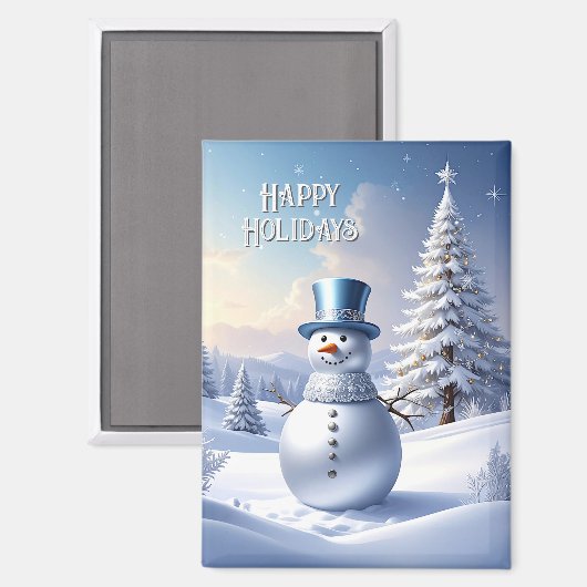 Blue Hat Snowman Christmas Tree Holiday Magnet マグネット (正面/裏面)