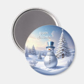 Blue Hat Snowman Christmas Tree Holiday Magnet マグネット (正面/裏面)