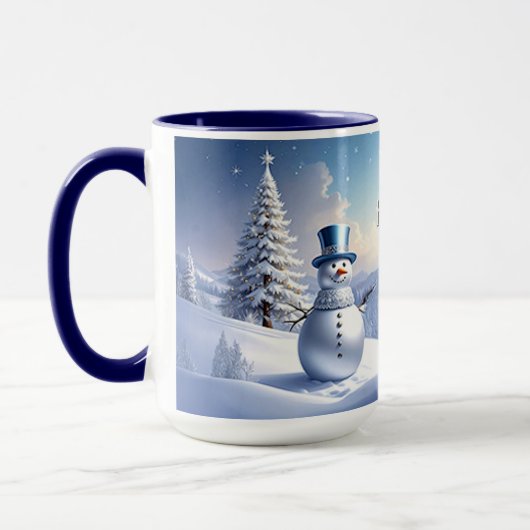 Blue Hat Snowman Christmas Tree Holiday Mug マグカップ (左)