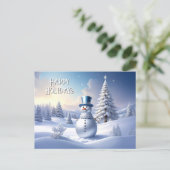 Blue Hat Snowman Christmas Tree Holiday Postcard ポストカード (スタンド正面)