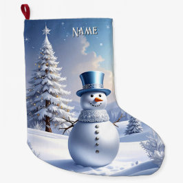 Blue Hat Snowman Christmas Tree Holiday Stocking ラージクリスマスストッキング