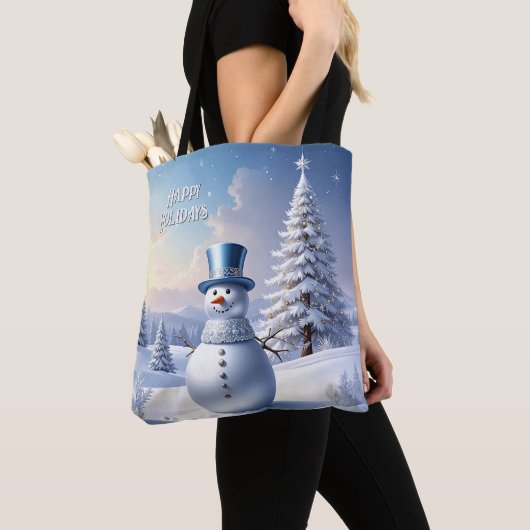 Blue Hat Snowman Christmas Tree Holiday Tote Bag トートバッグ (クローズアップ)