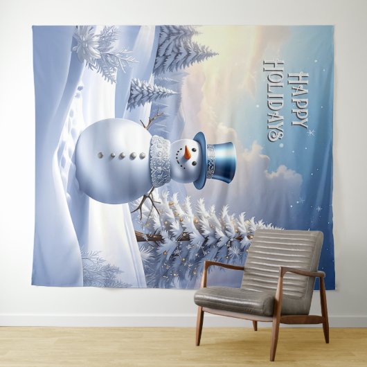 Blue Hat Snowman Holiday Backdrop タペストリー (インサイチュ(横))