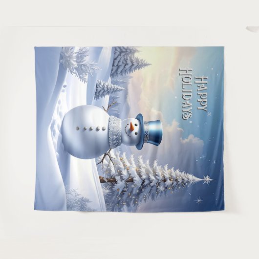 Blue Hat Snowman Holiday Backdrop タペストリー (正面(横))
