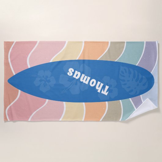 Blue Hawaii Surfboard on Pastel Waves ビーチタオル (正面)