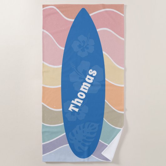Blue Hawaii Surfboard on Pastel Waves ビーチタオル (正面)