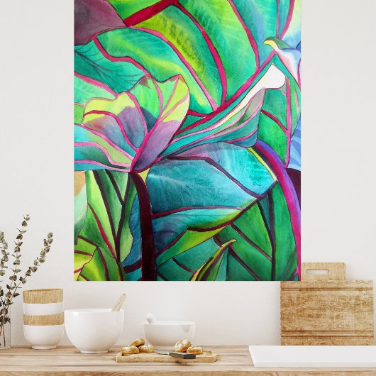 Blue Hawaii Tropical leaf foliage art ポスター (キッチン)
