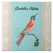 Blue-Headed Bee Eater Bird with Name on Aqua タイル (正面)