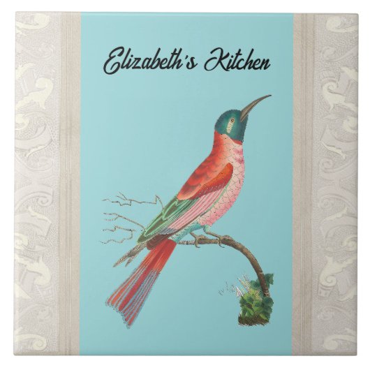 Blue-Headed Bee Eater Bird with Name on Aqua タイル (正面)