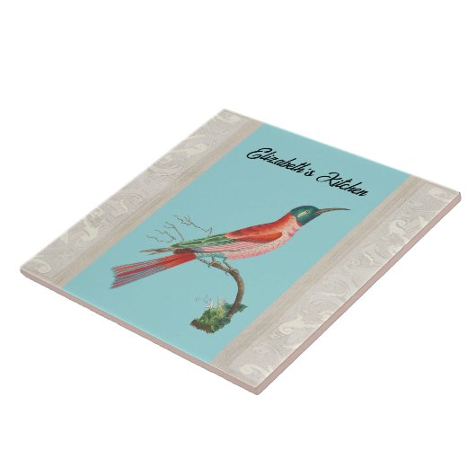 Blue-Headed Bee Eater Bird with Name on Aqua タイル (側面)