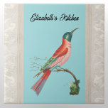 Blue-Headed Bee Eater Bird with Name on Aqua タイル<br><div class="desc">This design features the lovely blue-headed or carmine "bee eater" bird, with its vivid and colorful feathers and plumage. This bird, as its name implies, captures various insects, and it breeds in southern and central Europe, northern and southern Africa, and western Asia. Some people think this bird evolved from the...</div>