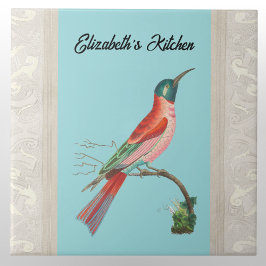Blue-Headed Bee Eater Bird with Name on Aqua タイル