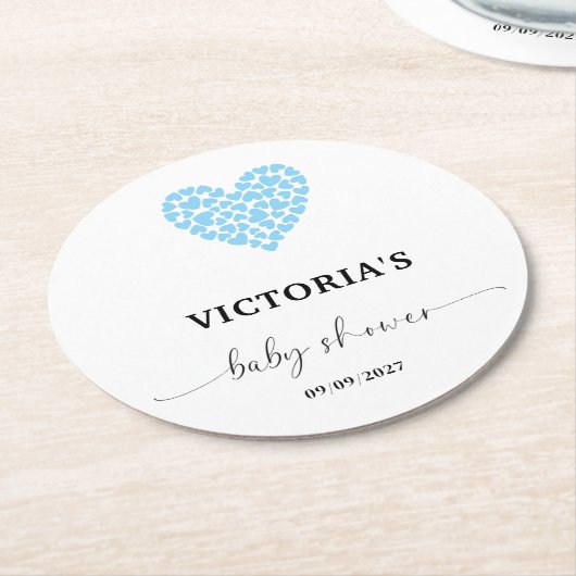 Blue Heart Baby Shower Party  ラウンドペーパーコースター (アングル)