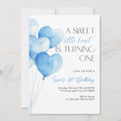 Blue Heart Balloon First Birthday 招待状 (正面)