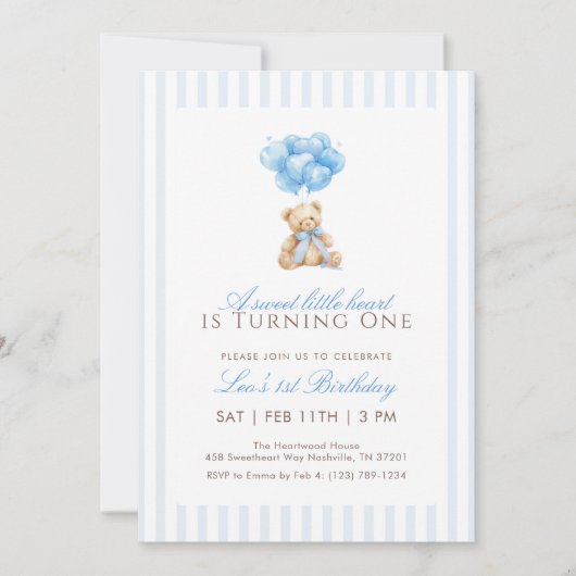 Blue Heart Balloon Teddy Bear 1st Birthday 招待状 (正面)