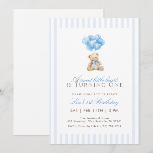 Blue Heart Balloon Teddy Bear 1st Birthday 招待状 (正面/裏面)