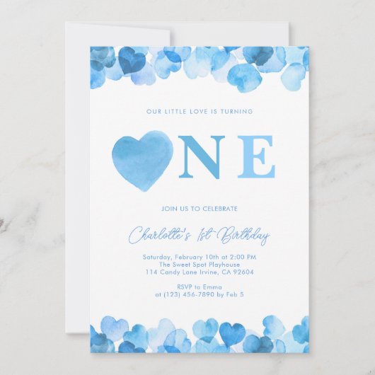 Blue Heart One First Birthday Valentines 招待状 (正面)