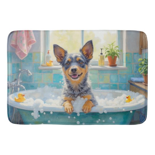 Blue Heeler Bath Time Cheerful Bathroom Decor バスマット (正面)